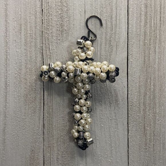 Handmade Unique Black Silver Pearl Beaded Wired Cross Christian Religious Cross - Picture 1 of 10